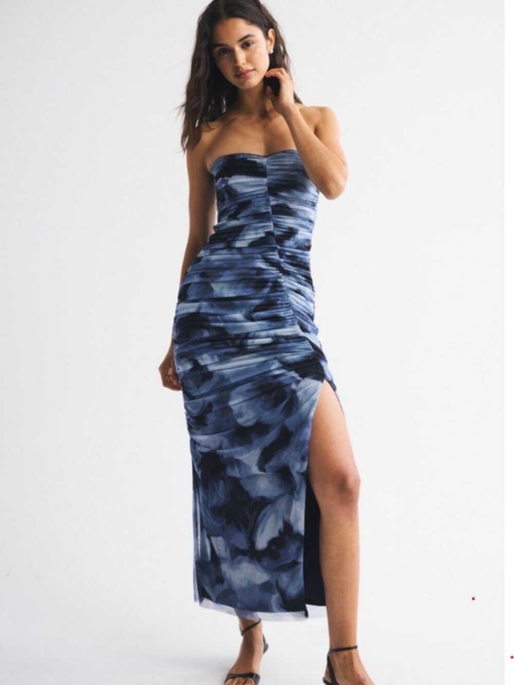 Abercrombie & Fitch Strapless Navy Blue Abstract Ruched Maxi Dress